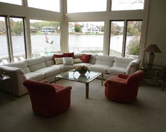 Sectional sofa, chairs, brass coffee table