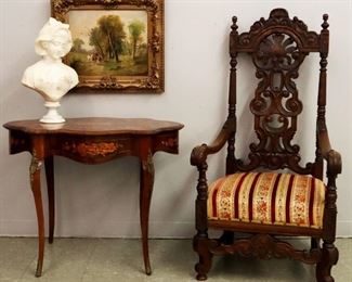 Carved Oak Armchair, Inlaid Parlor Table, marble bust, A. Dufore landscape