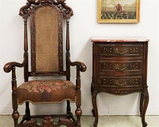 Carved walnut armchair, French marble top chest, 19th c seascape