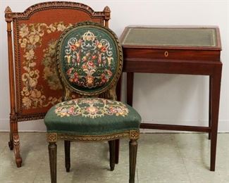 Hepplewhite writing desk, Needlepoint firescreen & French side chair