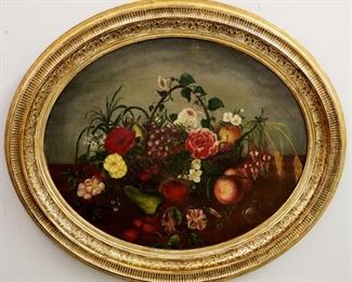 19th c Oval Still life oil on canvas still life in original gilt frame
