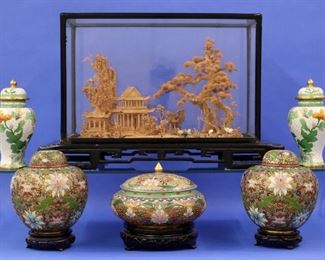 Chinese Cork Carving in case and Cloisonne