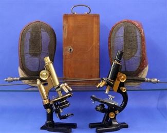 Epees and masks, Spencer and Leitz Wetzlar microscopes