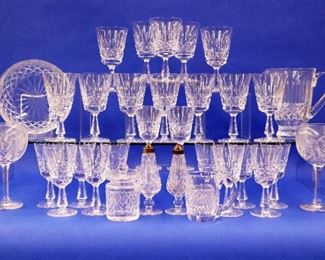 Waterford glasses, pitcher, bowl, shakers
