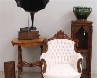 Phonograph, Parlor table, Gothic oak cabinet, Victorian arm chair