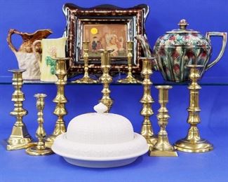 Majolica, Rockingham, Salt glaze butter dish, Brass candlesticks