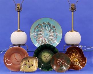 Midcentury lamps, enamel plates by Besvano and others