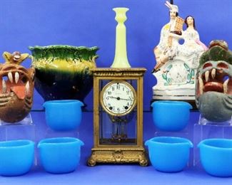 Seth Thomas Clock, Wooden Masks, Staffordshire figure, Blue glass washer bowls