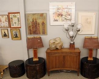 Baker Cabinet, Abstract Sculpture, Sputnik Lamp, Adrian Pearsall Brutalist drum tables, 19th c Frakturs, Mid Mod lamps & art