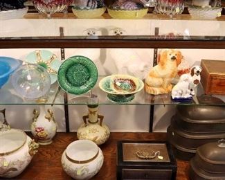 Limoges, Blue Glass Centerpiece, Staffordshire, Victorian Meat Covers