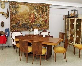 Art Deco Burl Walnut Dining set, Tapestry, Chinese Cork Carving
