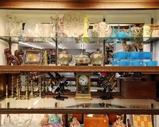 Limoges, Blue glass, Seth Thomas clock, brass microscopes, cloisonne, brass candlesticks Rockingham