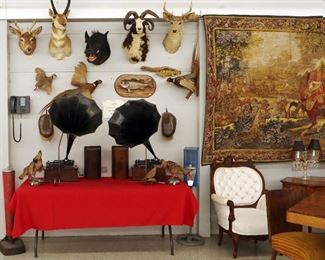 Taxidermy, Phonographs with horns, Tapestry, Victorian set