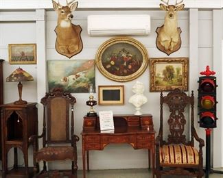 Deer Mounts, Reverse Painted Lamp, Oil Paintings, Inlaid Desk, Oil lamps, marble bust, Stop Light
