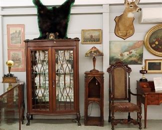 Bear Rug, Woodblocks, Gothic cabinet stand, Chippendale China Cabinet, Reverse Painted lamp