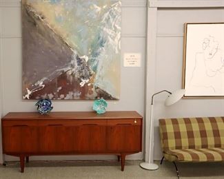 Aarseth Teak Buffet, Itatani Abstract, Art Glass, Thurston Lamp, Milo Baughman settee