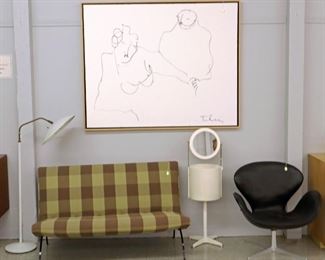 Mil Baughman settee, Mid Mod Vanity, Thurston Lamp Arne Jacobsen Chair, Itzchak Tarkay painting