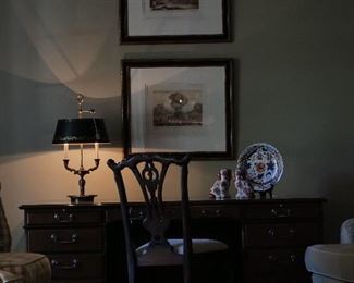 Partners/Executive's Desk, Landscape prints in over scaled frames in a sepia tone.