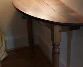 One of a pair of console tables, a late Sheraton turned leg, a real country piece (mixed woods on surface of tops)