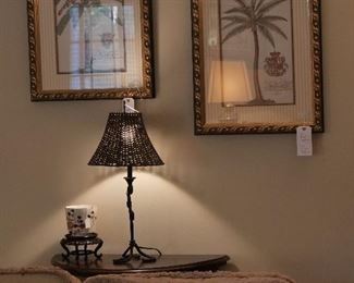 Decorative prints, faux bois metal lamp, English Imari pallet cache' pot.