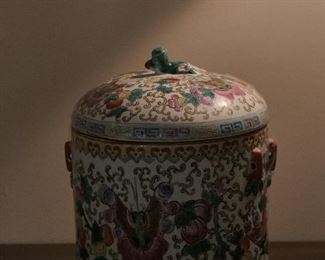Decorative Chinese porcelain with dome lid. Note: Lunar moth.
