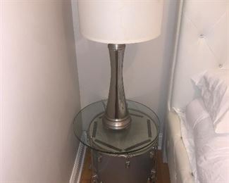 Drum table, side table light , white tufted headboard, and base