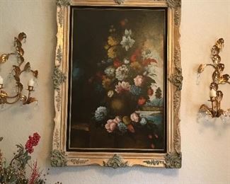 Oil painting and gilt sconces