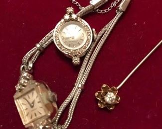 Omega Ladies 14k & diamond watch, Walthman 14k & diamond watch face, diamond and 14k stick pin (easily converted to pendant).