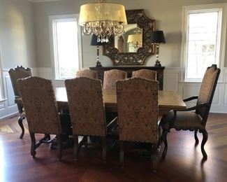 Dining room table - 46”D x 88”W with (8) Linley Design chairs (2 not photographed) (3 chairs SOLD) and (2) captains chairs. Table opens on each end for a total of 12'