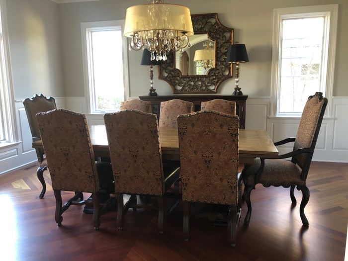 Dining room table - 46”D x 88”W with (8) Linley Design chairs (2 not photographed) (3 chairs SOLD) and (2) captains chairs. Table opens on each end for a total of 12'