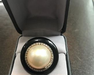 Erte’ 14k Gold, Diamond, Mabe Pearl and Onyx Cocktail Ring