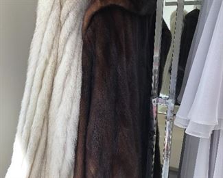 Full length brown mink coat and hip length White Fox