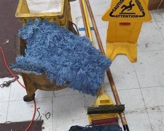 Plastic Rolling Mop Bucket, Mops and Signage