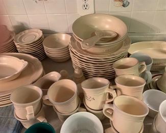 #22 Pfaltzgraff china 11 plates, 6 bowls, 12 cup /saucer,12 salad plates, $75.00
22A Pfaltzgraff 2 serve bowls, sugar/cream, salt pepper, butter, + 2 oval casserole $45.00