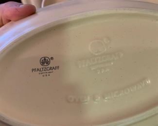 #22 Pfaltzgraff china 11 plates, 6 bowls, 12 cup /saucer,12 salad plates, $75.00
22A Pfaltzgraff 2 serve bowls, sugar/cream, salt pepper, butter, + 2 oval casserole $45.00