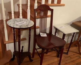 #34 marble top round end table as is $20.00
#35 square marble top end table as is $20.00
#36 odd old wood dining chair spindle back as is $30.00