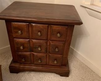 #51 Dark pine end table 3 drawers 25x16x25 $75.00