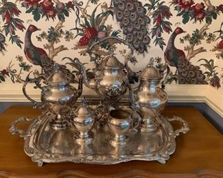 #11 ESG Silver over copper tea service with coffee, tea, and tilting tea, sugar, creamer and tray $ 175.00