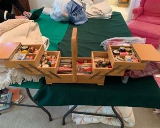 #46 Sewing wood basket with contents $ 65.00
