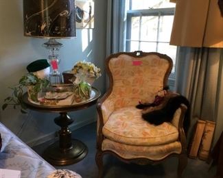 Country French chair, marble top pedestal side table, vintage hats and clothes
