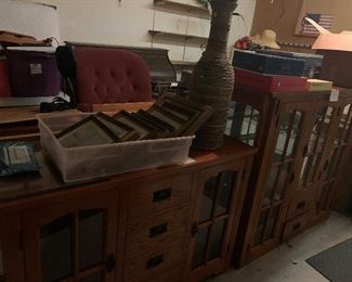 Mission style hutch and buffet. Overstuffed cranberry chair
