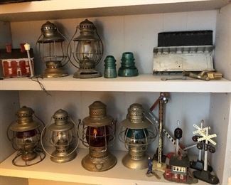 Antique Train Lanterns, railroad lamps, colorful, railroad signs