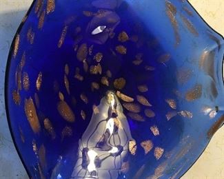 Lovely Mid Century Cobalt Blue Hand Blown Bowl with Gold Accents