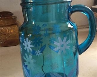 Vintage Blue Glass Pitcher with Flowers