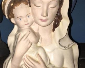 Very Old Hand Painted Mary Holding Jesus Statue
     Height 9.5”