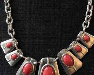 Silver Necklace with Red Turquoise Center Stones