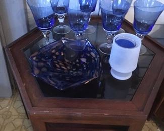 Set of (7) Cobalt Blue Wine Glasses with Clear Glass Stems