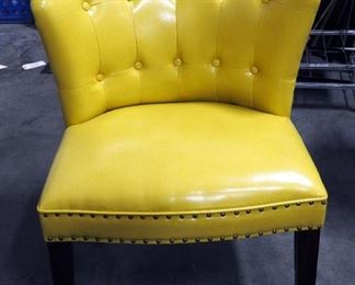 At Home Contemporary Upholstered Chairs, Buttoned Barrel BacK And Brass Accents, Qty 2, 34" x 27.5" x 28", Like New
