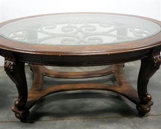 Oval Solid Wood Coffee Table With Beveled Glass Top, 20" H x 48" W x 34" D