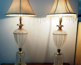 Vintage Matching 38 " Table Lamps With Glass And Brass Bases, Qty 2, Both Power On